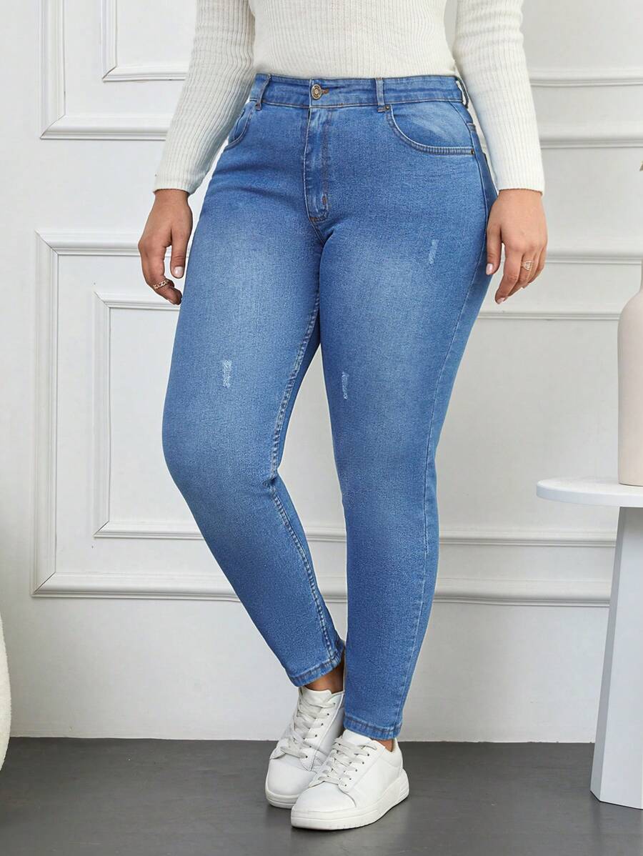 Cloudara Plus Size High Waist Ripped Skinny Jeans - Blue - View 1