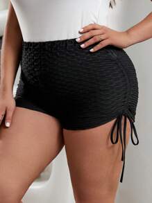 SHEIN Essnce Women's Plus Size Solid Color Textured Drawstring Shorts - Black - View 1