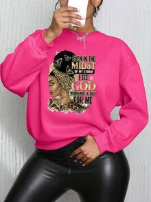 INAWLY 女式字母標語和角色印花下垂肩運動衫 - 玫紅色 - 查看 4