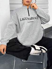 Flirla Sudadera Con Hombros Caídos Y Estampado De Letras De Talla Grande - Gris - Ver 6