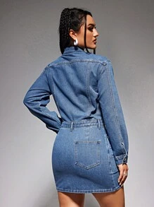 SHEIN EZwear Kvinnors Kort Skjortklänningar i Denim - Mediumtvätt - Visa 3