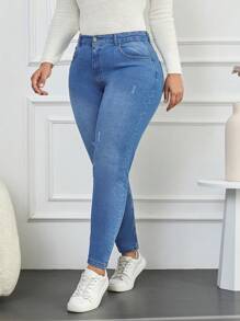 Cloudara Plus Size  High Waist Ripped Skinny Jeans - Blue - View 5