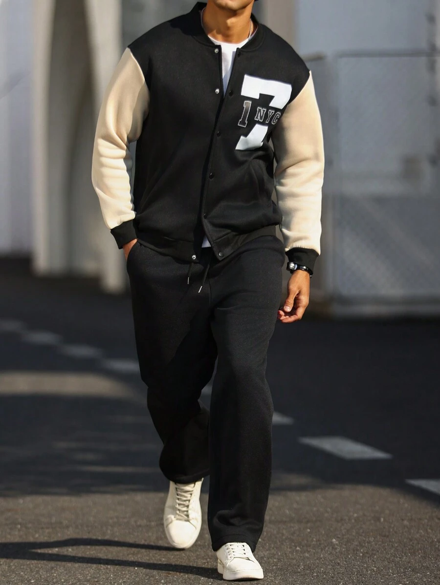 Manfinity Homme 男士字母印花棒球夾克褲子休閒套裝 - 彩色 - 查看 1