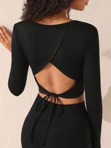 SHEIN Sports Women's Backless Hollow Out Lace-up Yoga Set - Black - View 2