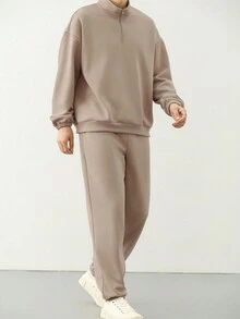 DAZY Long Sleeve Pullover And Pants Men's 2-Pcs Outfit Quarter Zip Men - Khaki - View 6