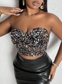 Slaydiva Women's Plus Size Sparkly Cropped Strapless Top - Hot Pink - View 5