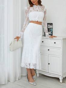 SHEIN Privé Women's Lace Top And Mermaid Skirt Set - Apricot - View 4