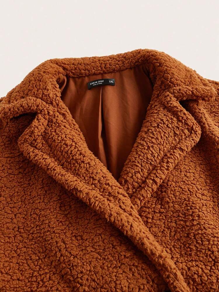 Plus Lapel Neck Double Button Teddy Coat