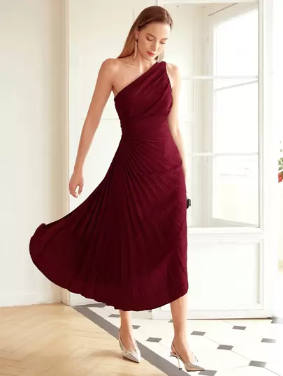 MOTF PREMIUM LADIES' SOLID COLOR ASYMMETRIC OBLIQUE SHOULDER RUFFLE HEM DRESS WEDDING GUEST DRESS