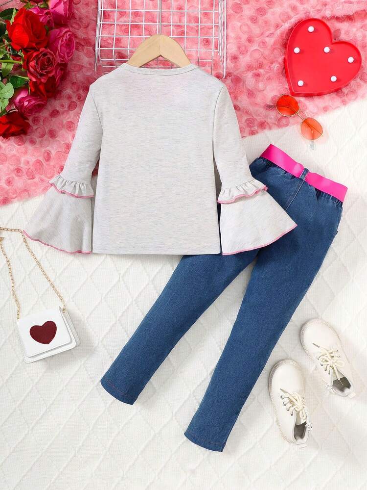 Toddler Girls' Printed Top With Flare Sleeves And Long Denim Jeans Two Piece Outfit For Spring & Autumn