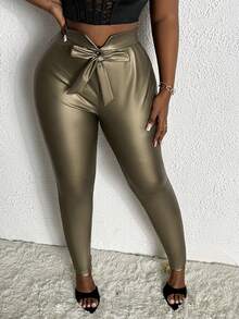 Slaydiva 休閒前綁帶蝴蝶結純色加大褲子 - 軍綠色 - 查看 6