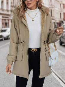 SHEIN Frenchy Women's Hooded Padded Coat With Drawstring Waist And Collar - Apricot - View 5