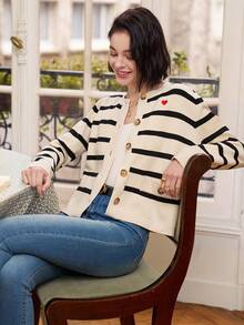 SHEIN Frenchy 心形刺繡條紋開襟衫 - 彩色 - 查看 5