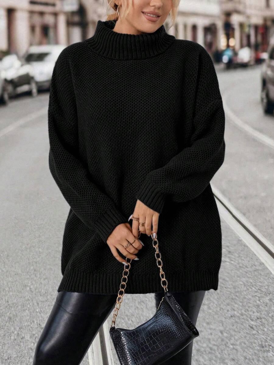 SHEIN LUNE 女款大尺碼領落肩毛衣 - 黑色 - 查看 1