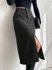 EURMUSE Jeans Straight Skirt With Slanted Pocket And Split Hem - Dark Grey - View 4