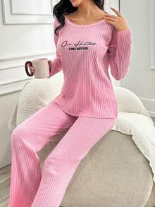 RueChic Women's Letter Printed Tank Top & Striped Drop Shoulder Home Outfit Set - Pink - View 6