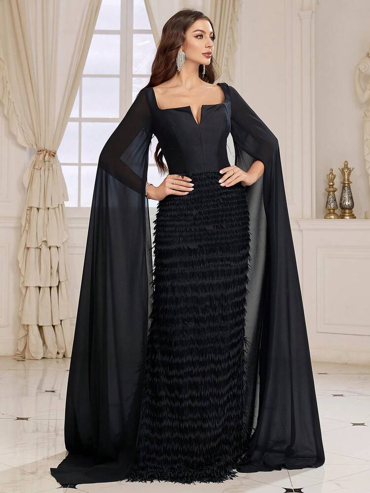 Women's Evening Formal Dress With Notched Neckline, Extra Long Flowy Sleeves And Fishbone-shaped Panel