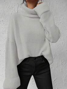 EURMUSE Solid Color Turtleneck Batwing Sleeve Sweater - Beige - View 4