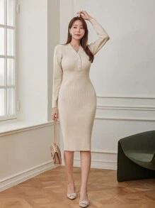 DAZY Vestido De Suéter Bodycon Acanalado Con Cuello En V - Beis - Ver 3