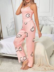 Heart Pattern Lace Trim Lettuce Hem Pajama Set - Multicolor - View 4
