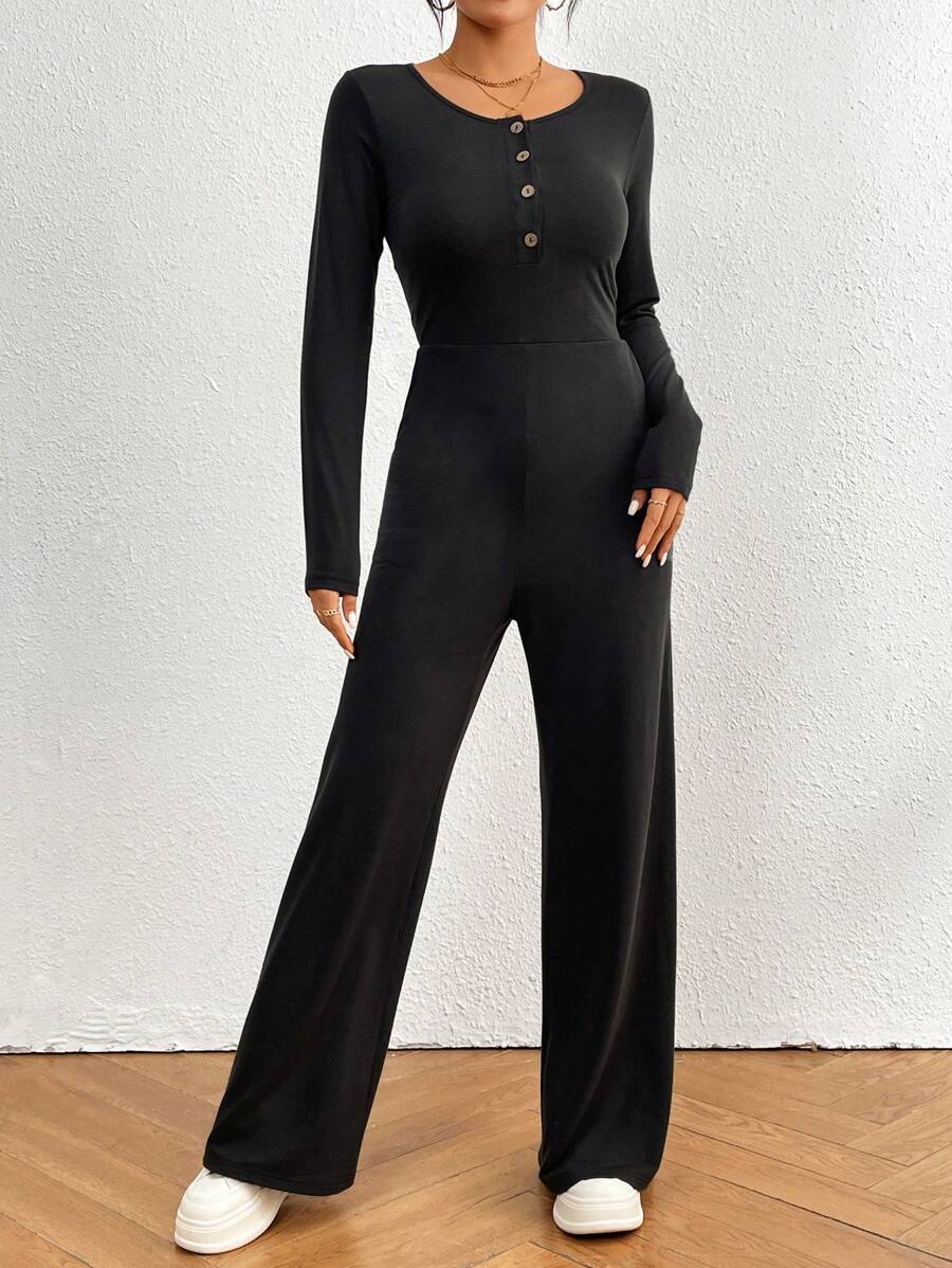 Chiquease 純色鈕扣連身褲 - 深灰色 - 查看 1