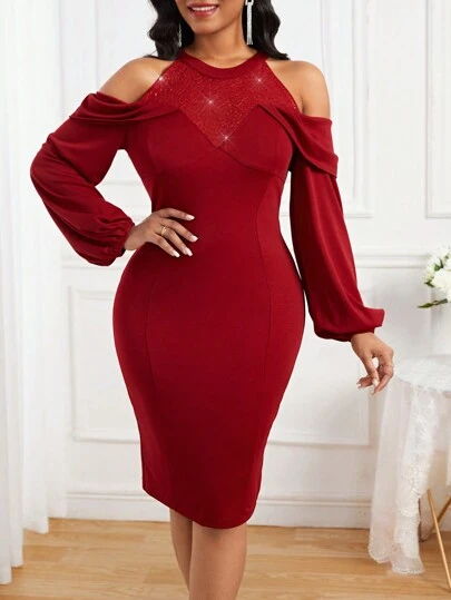 SHEIN Lady Women's Scoop-shoulder Lantern Sleeve Bodycon Dress
