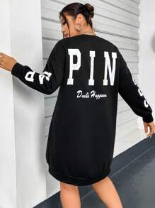 Flirla 大尺碼字母印花落肩運動衫 - 黑色 - 查看 1