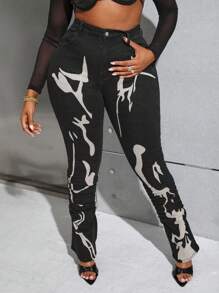 SHEIN SXY Plus Size Skinny Jeans, Black Women's Clothing With Graffiti Style For Thanksgiving & Christmas, High Waisted - Black - View 5