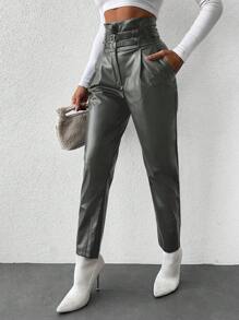 EURMUSE Belted Slant Pocket PU Pants - Green - View 1