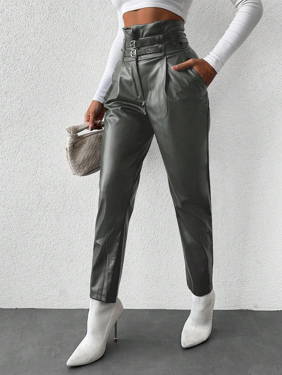 EURMUSE Belted Slant Pocket PU Pants - Green - View 1