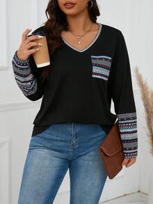 SHEIN LUNE Kích thước lớn Của phụ nữ Hình học In Tay áo dài Áo thun - màu đen - Xem 6