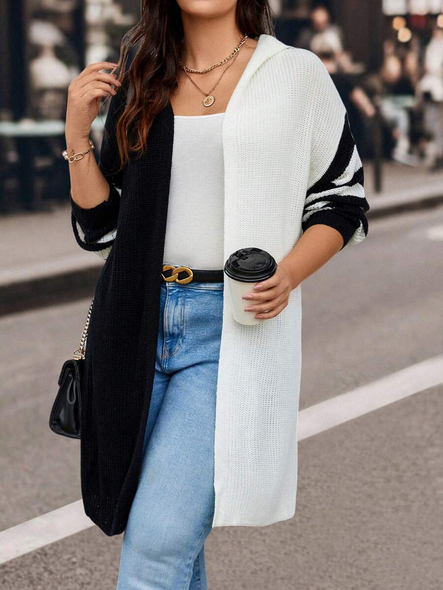 SHEIN LUNE Plus Size Color Block Hooded Cardigan - Black and White - View 1