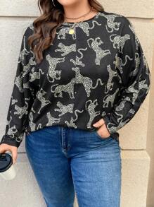 SHEIN LUNE Ladies' Plus Size Leopard Print T-shirt - Black - View 4