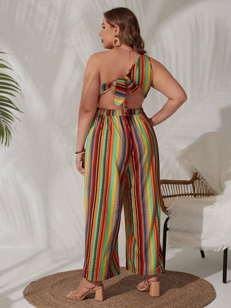 Plus Size Women's One Shoulder Stripe Jumpsuit