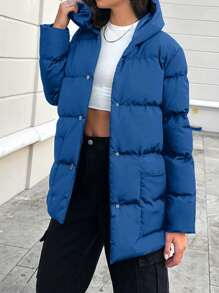 EURMUSE Women'S Hooded Press Button Padded Jacket - Blue - View 3