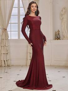 SHEIN Belle Women's Fish Tail Evening Dress With Gold And Silver Thread Fabric And Back Tie Design (heavy Work), Formal Dress For Evening Party - Red - View 5