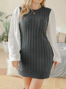 Celure 女裝加大尺碼針織對比毛衣連衣裙 - 深灰色 - 查看 1