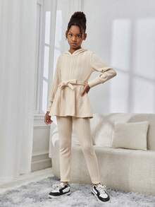 SHEIN Cô gái Mùa Đông Dệt kim ấm Màu thuần Áo nỉ có mũ Và Quần Bộ , Giải trí - Màu be - Xem 4