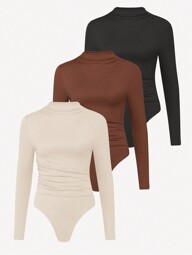 3pcs Women's Stand Collar Long Sleeve Solid Color Pleated Bodysuit