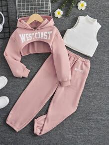 SHEIN EZwear Letter Graphic Super Crop Hoodie & Tank Top & Sweatpants