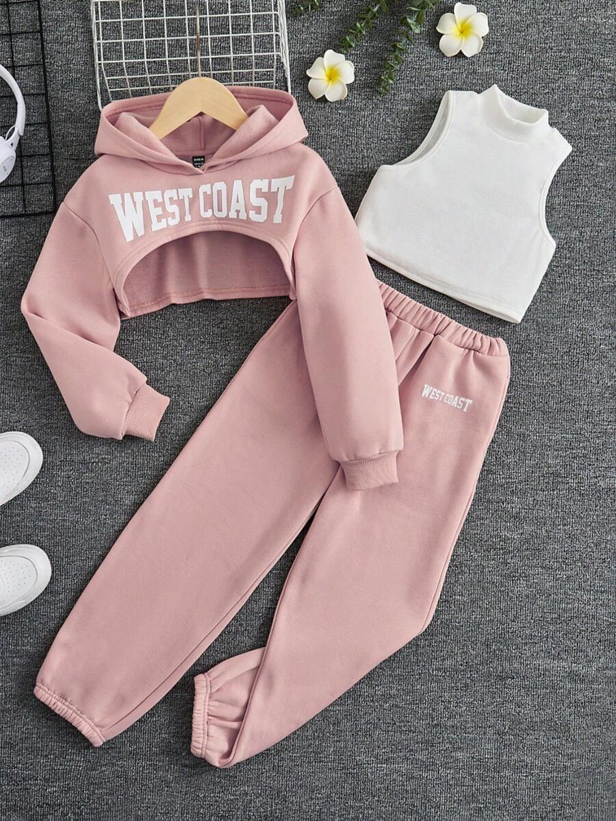 SHEIN EZwear Letter Graphic Super Crop Hoodie & Tank Top & Sweatpants