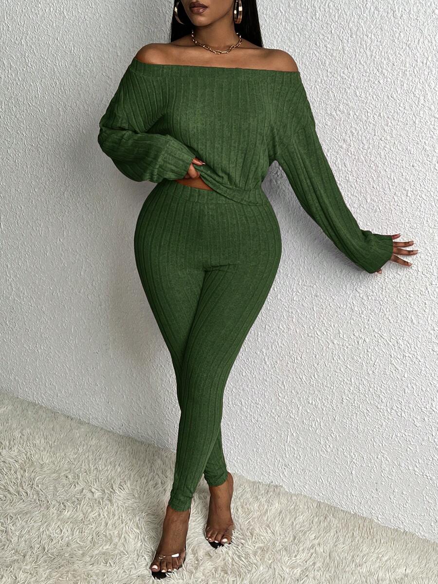 Slaydiva Ladies' Solid Color Off Shoulder Top With Leggings, 2pcs/Set - Green - View 1