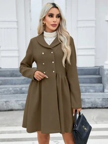 SHEIN Privé Women's Double-breasted Woolen Coat - Coffee Brown - View 4