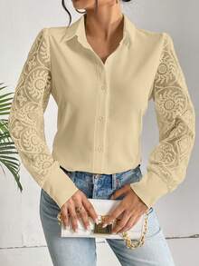 SHEIN Privé 女用蕾絲拼接前紐扣襯衫 - 卡其色 - 查看 6