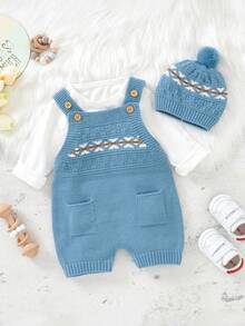 Baby Girls' Sweater Jumpsuit With Straps, Different Cute Patterns, Matching Hat - Blue - View 1
