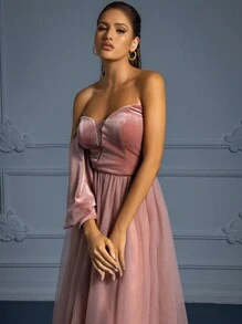 女士長袖粉色長款網紗a字裙禮服或表演服 - 粉色 - 查看 6