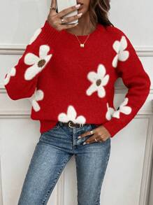 SHEIN LUNE Giải trí Thả vai Áo len Với Hình hoa - Đỏ - Xem 5