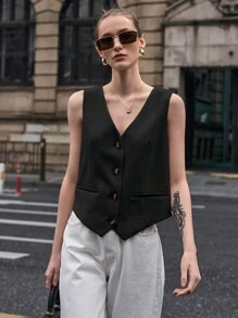 DAZY Blazer de manga corta de un solo botonadura de unicolor informal para mujer - Negro - Ver 5