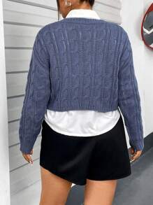 Flirla Women's Plus Size Cropped Cable Knit Sweater Knit Pullover Fall Winter Outfit - Blue - View 2