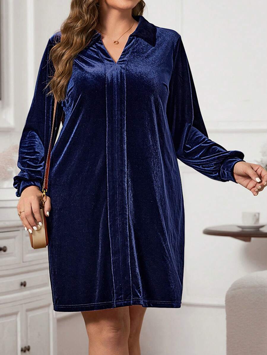 SHEIN LUNE Plus Size Women's Velvet Straight Dress - Navy Blue - View 1